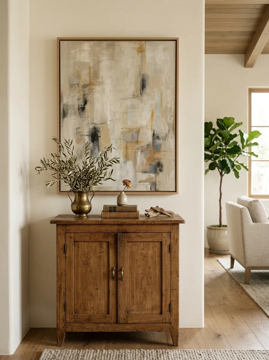 Vintage Cabinet With Art Above and Collected Objects