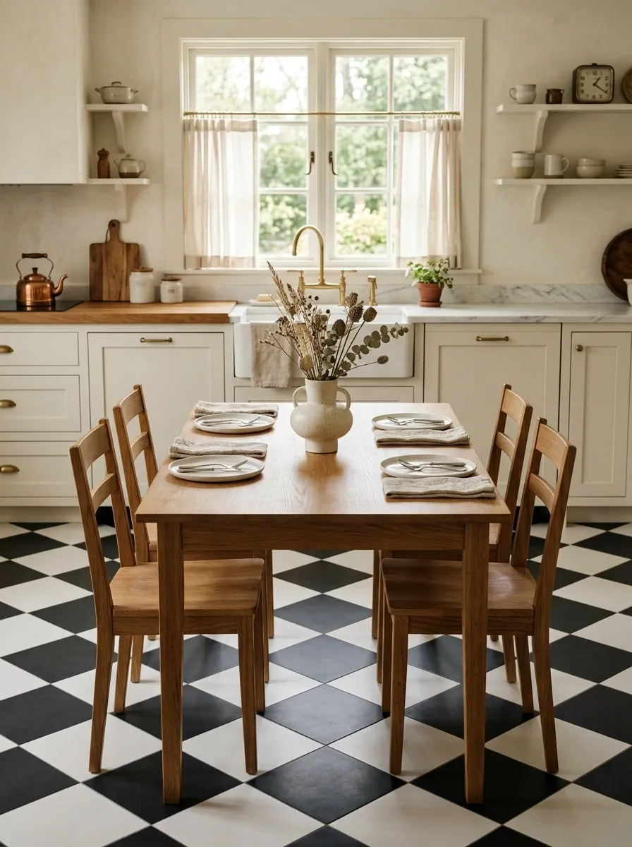 Vintage Checkerboard Kitchen With Simple Wood Table