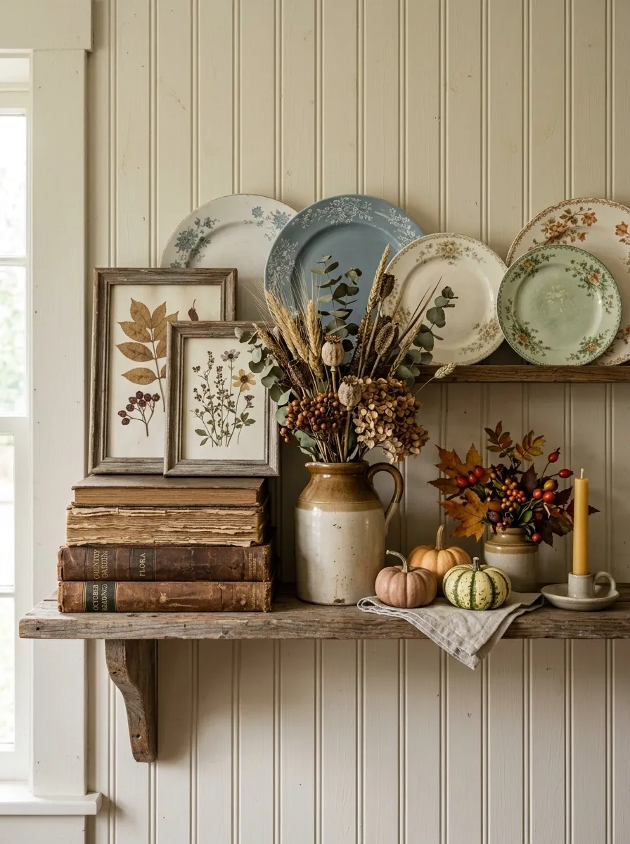 Vintage Cottage Shelf With Floral China and a Tiny Autumn Still Life