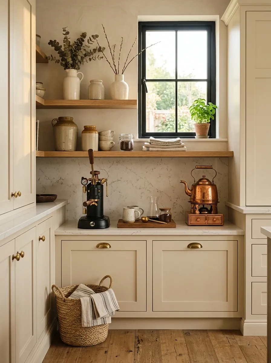 Vintage Cream Cabinetry With Rustic Copper Accents