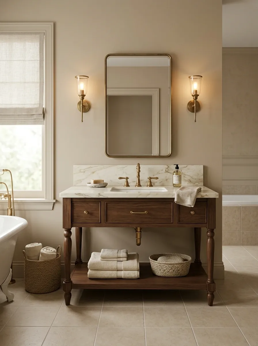 Vintage Dresser Vanity With Marble Top and Wall Sconces