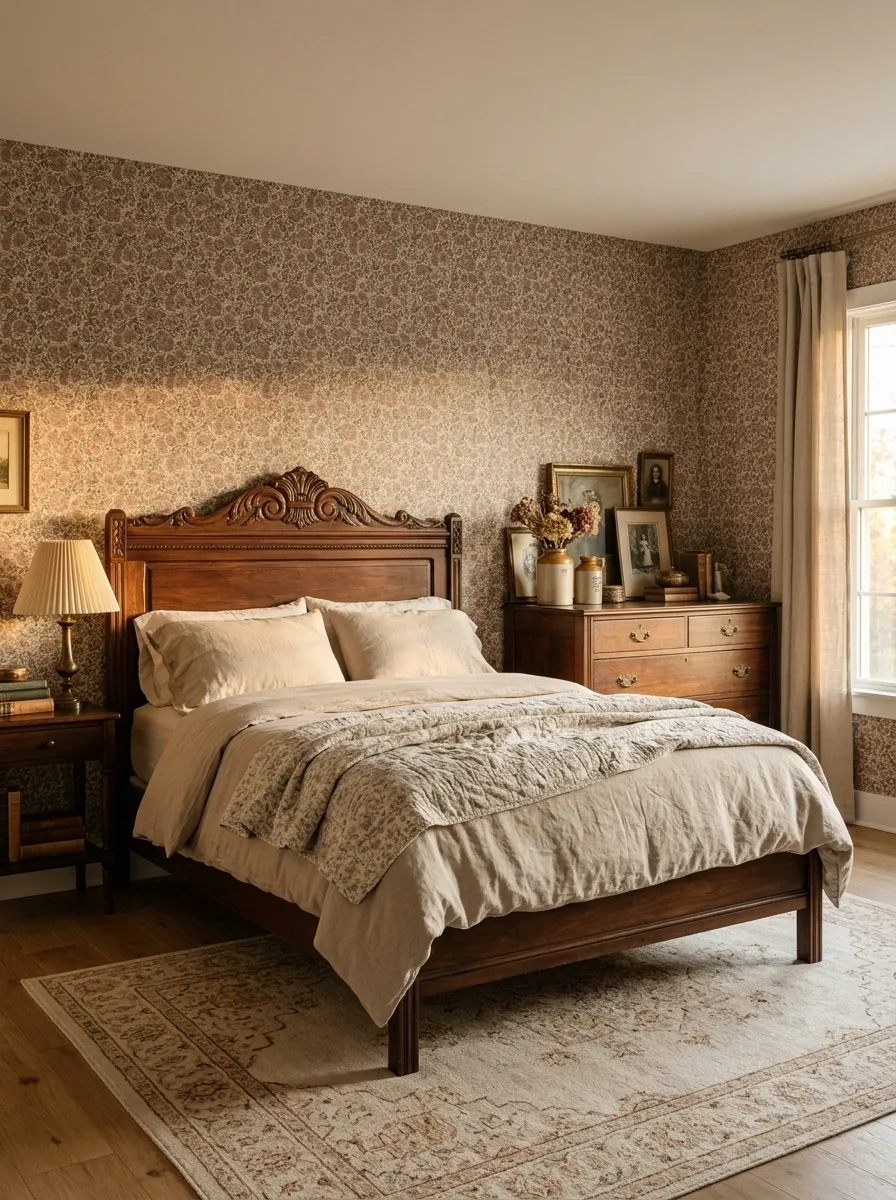 Vintage Eclectic Bedroom With Carved Wood Furniture and Floral Wallpaper