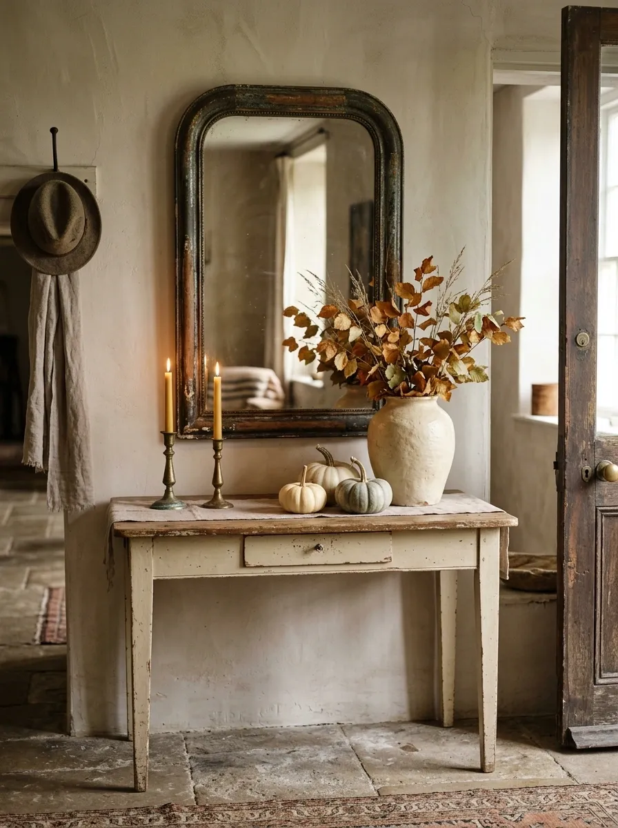 Vintage European Entry With Distressed Console, Candles, and Dried Leaves
