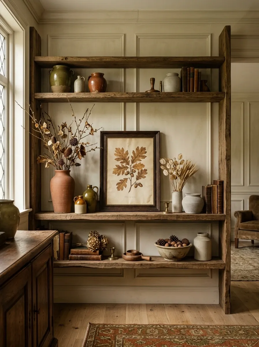 Vintage European-Inspired Shelf With Olive Green and Faded Rust
