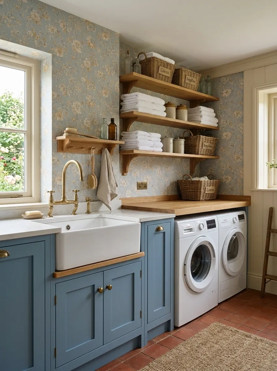 Vintage Floral Wallpaper With Dusty Blue Cabinetry
