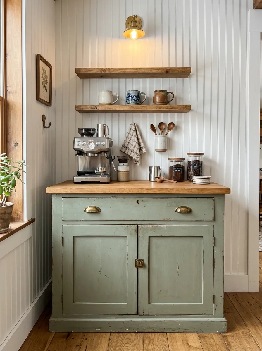 Vintage Green Lower Cabinet With White Beadboard