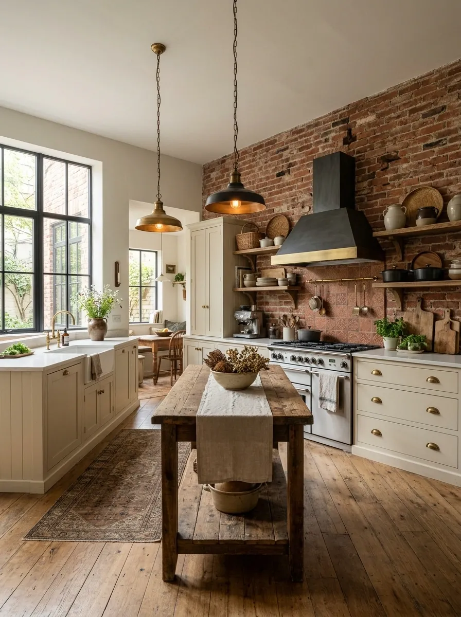 Vintage Industrial Kitchen With Brick and Painted Cabinets