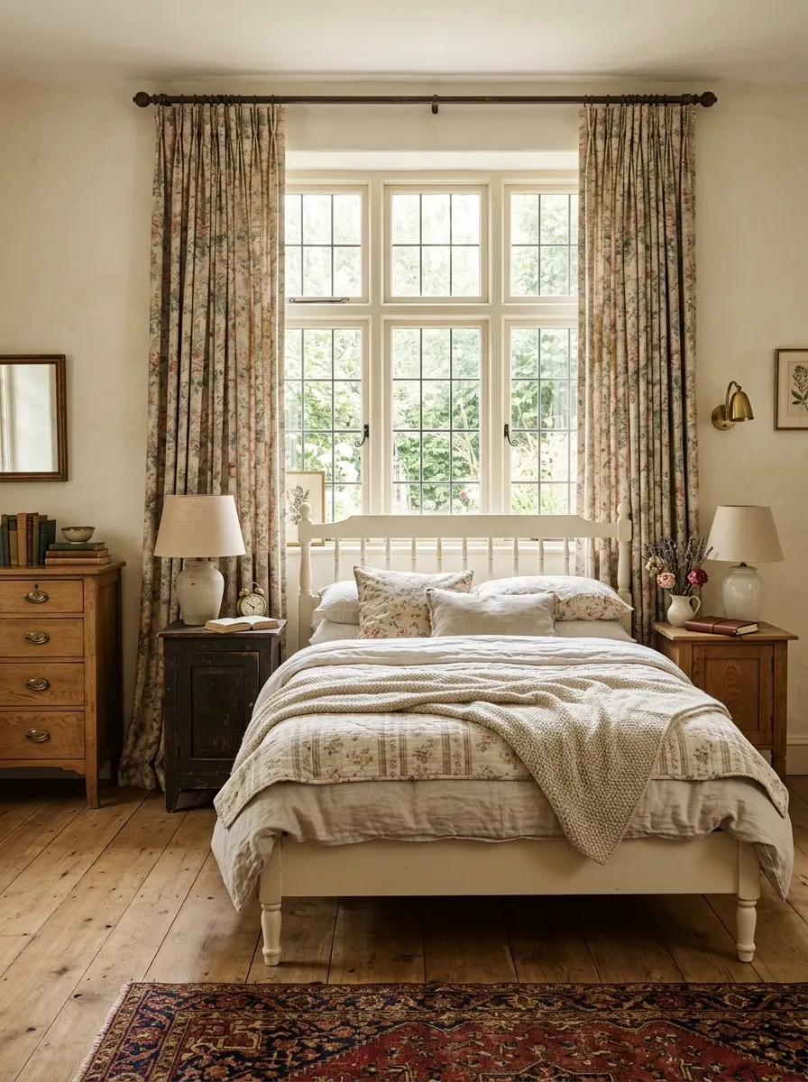 Vintage-Inspired Bedroom With Floral Curtains Framing the Bed