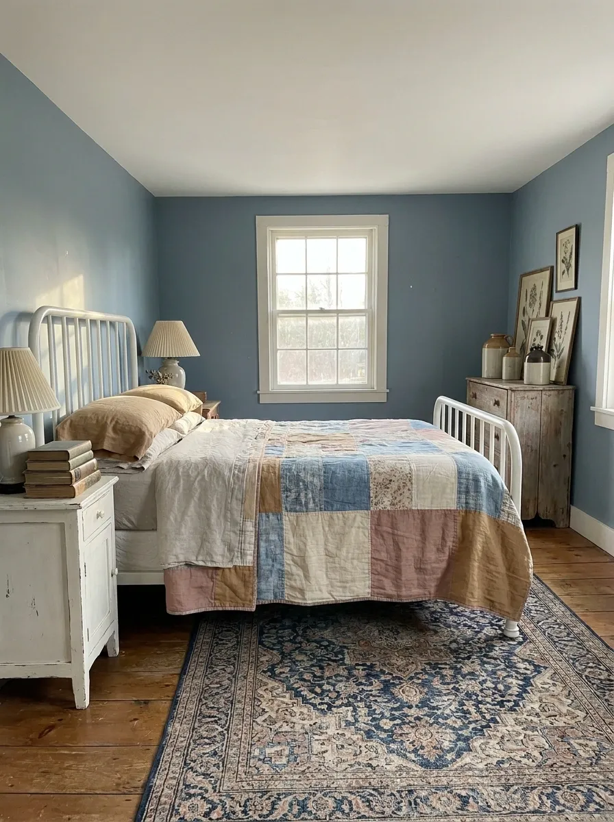 Vintage-Inspired Blue Bedroom With Quilted Bedding