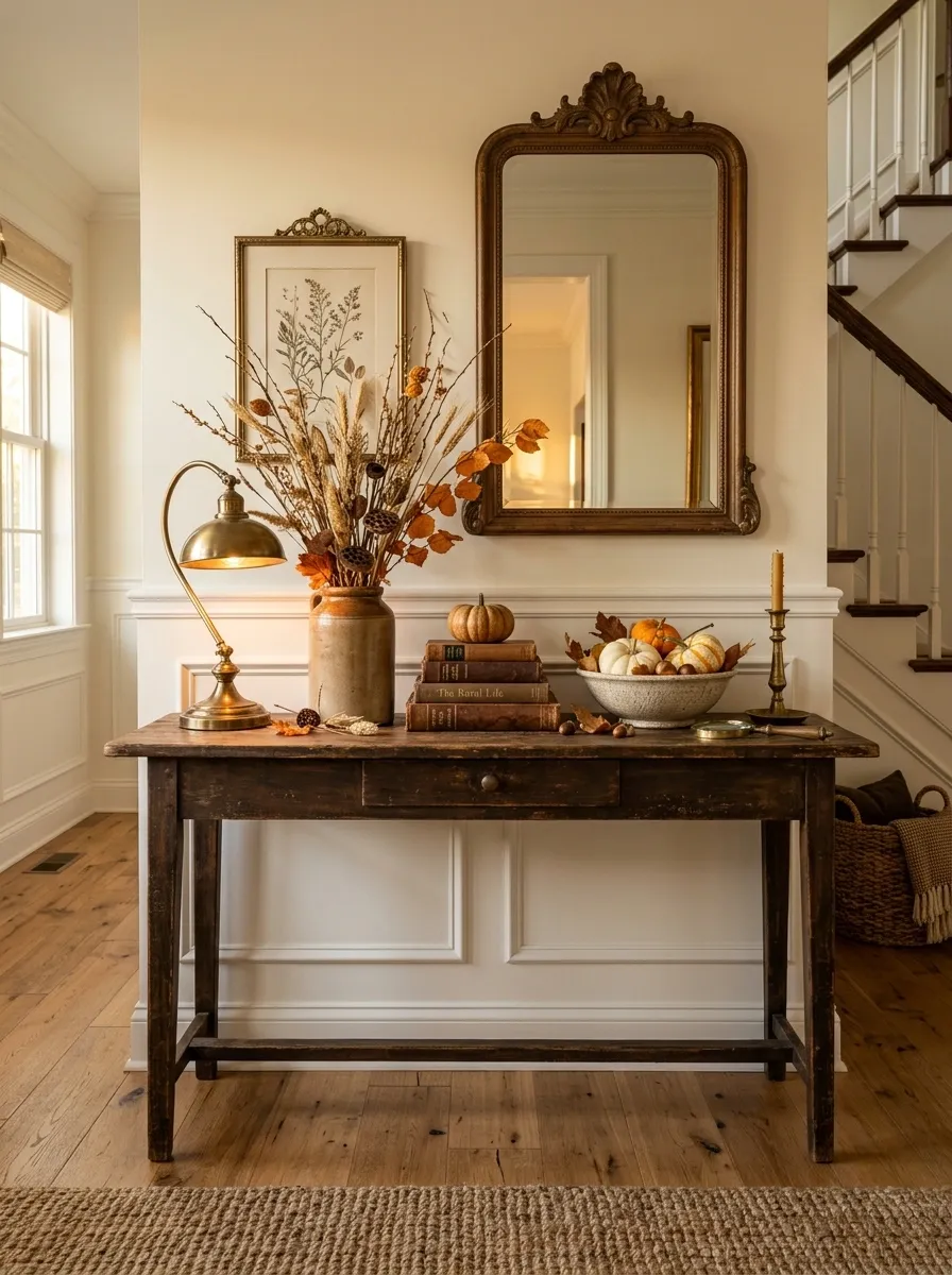 Vintage-Inspired Entry With Brass Lamp and Autumn Still Life