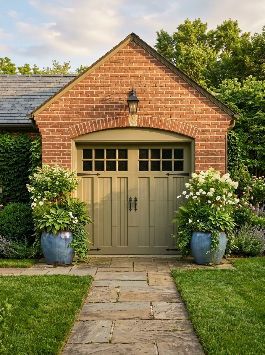 Vintage-Inspired Garage With Blue Ceramic Planters and Flowering Shrubs
