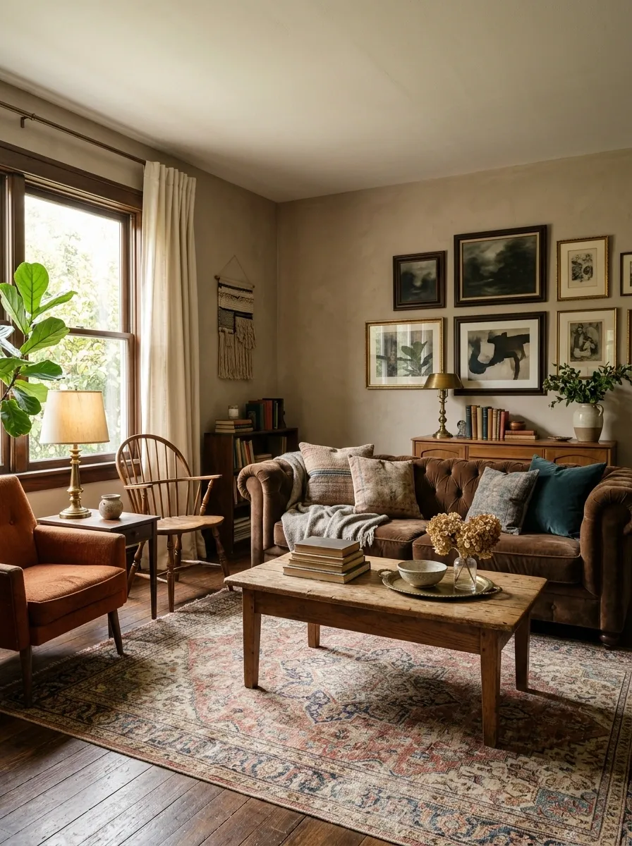 Vintage-Inspired Living Room With a Brown Velvet Sofa