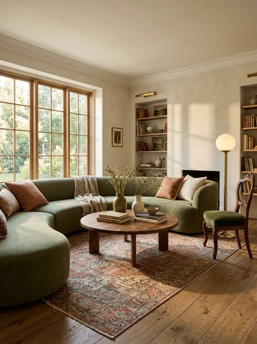 Vintage-Inspired Living Room With Curved Sectional