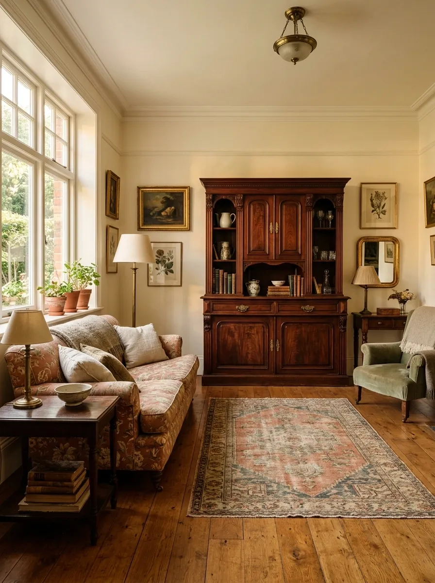 Vintage-Inspired Living Room With Honey Oak and Deep Mahogany