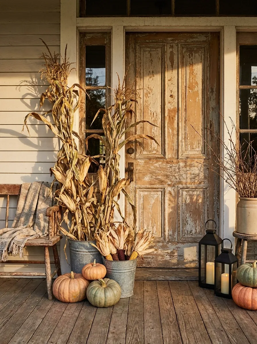 Vintage-Inspired Porch With Crooked, Natural-Looking Stalk Bundles
