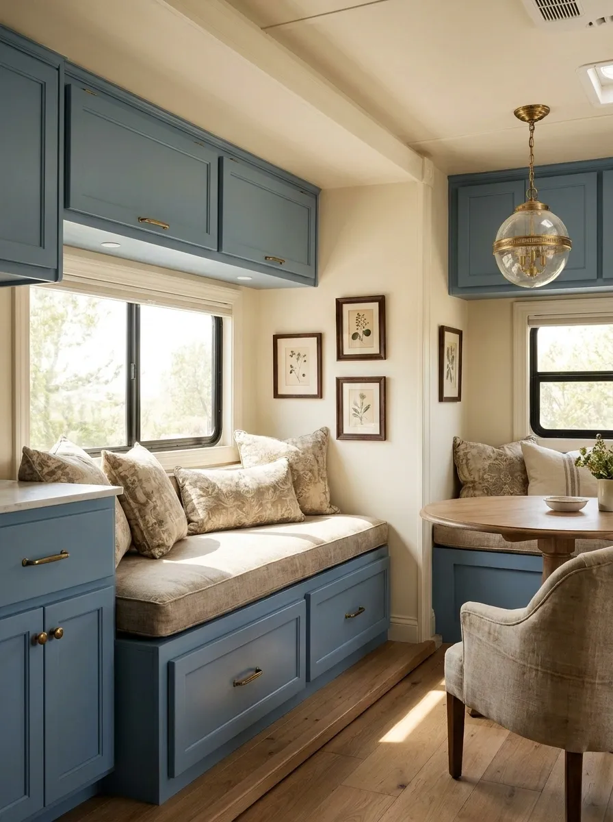 Vintage-Inspired RV With Dusty Blue Cabinetry