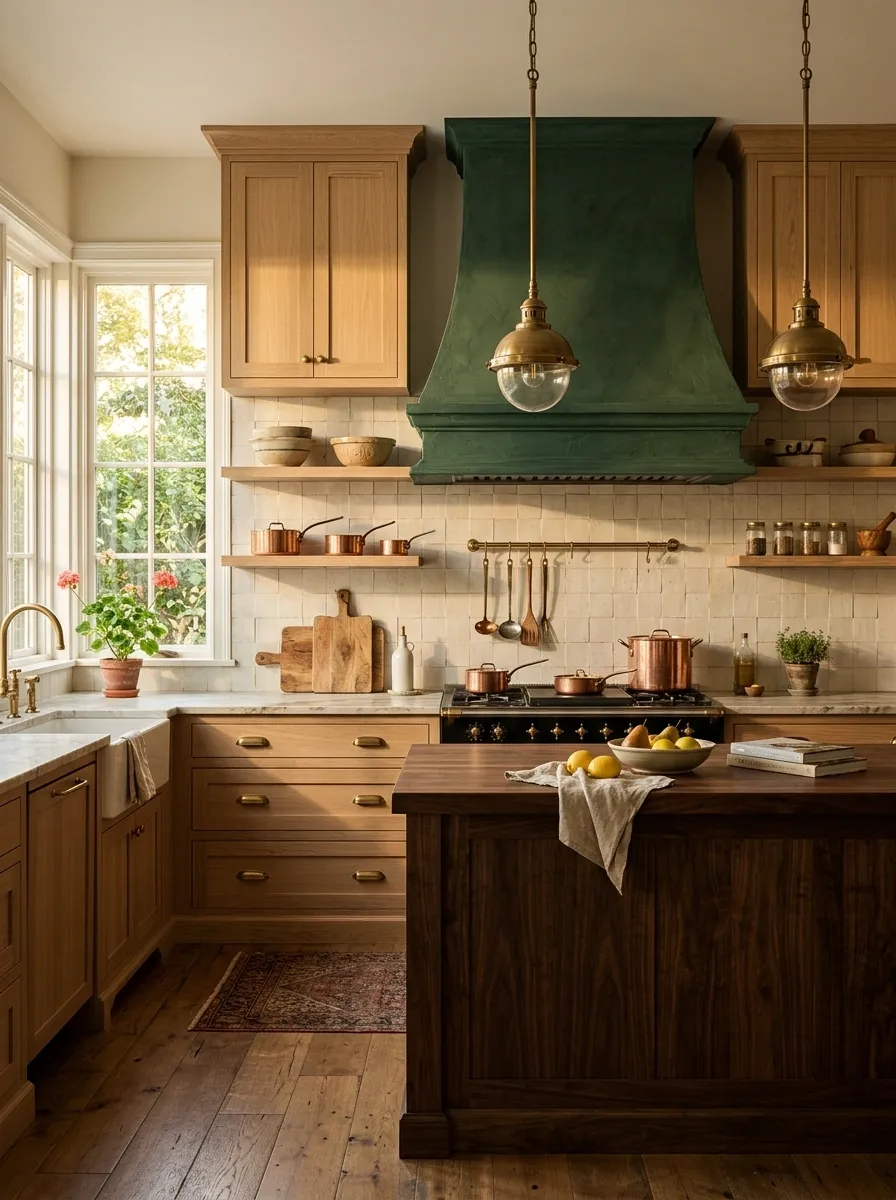 Vintage Kitchen With a Deep Green Range Hood as the Focal Point
