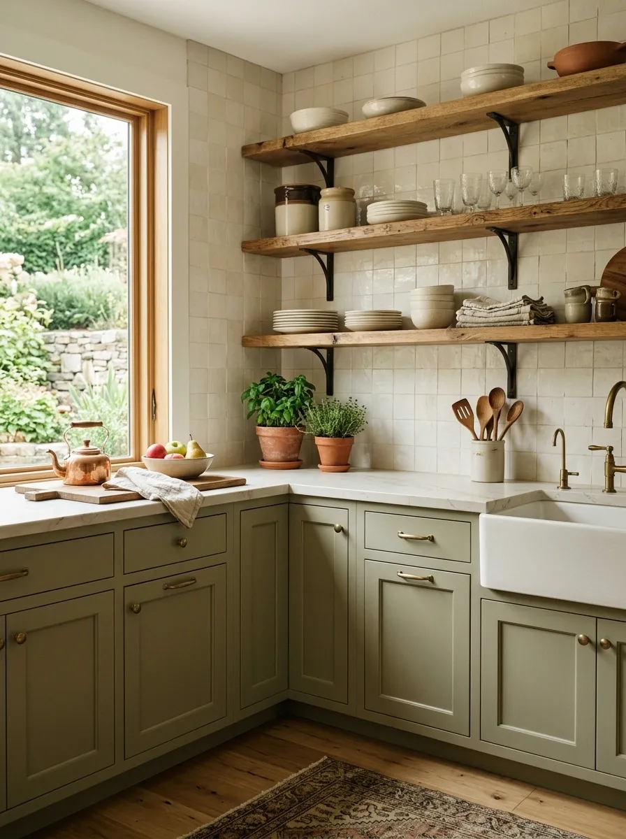 Vintage Kitchen With Open Shelves and Handmade Ceramics