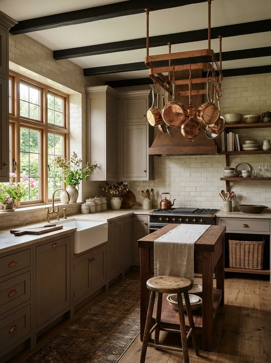 Vintage Kitchen With Warm Gray Cabinets and Aged Copper