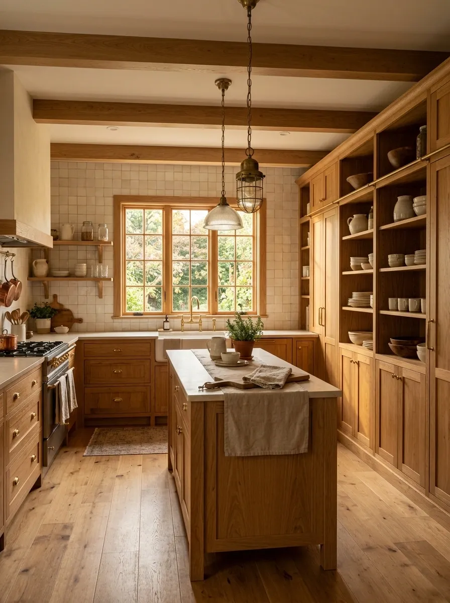 Vintage Kitchen With Warm Oak, Cream Tile, and Antique Pendants