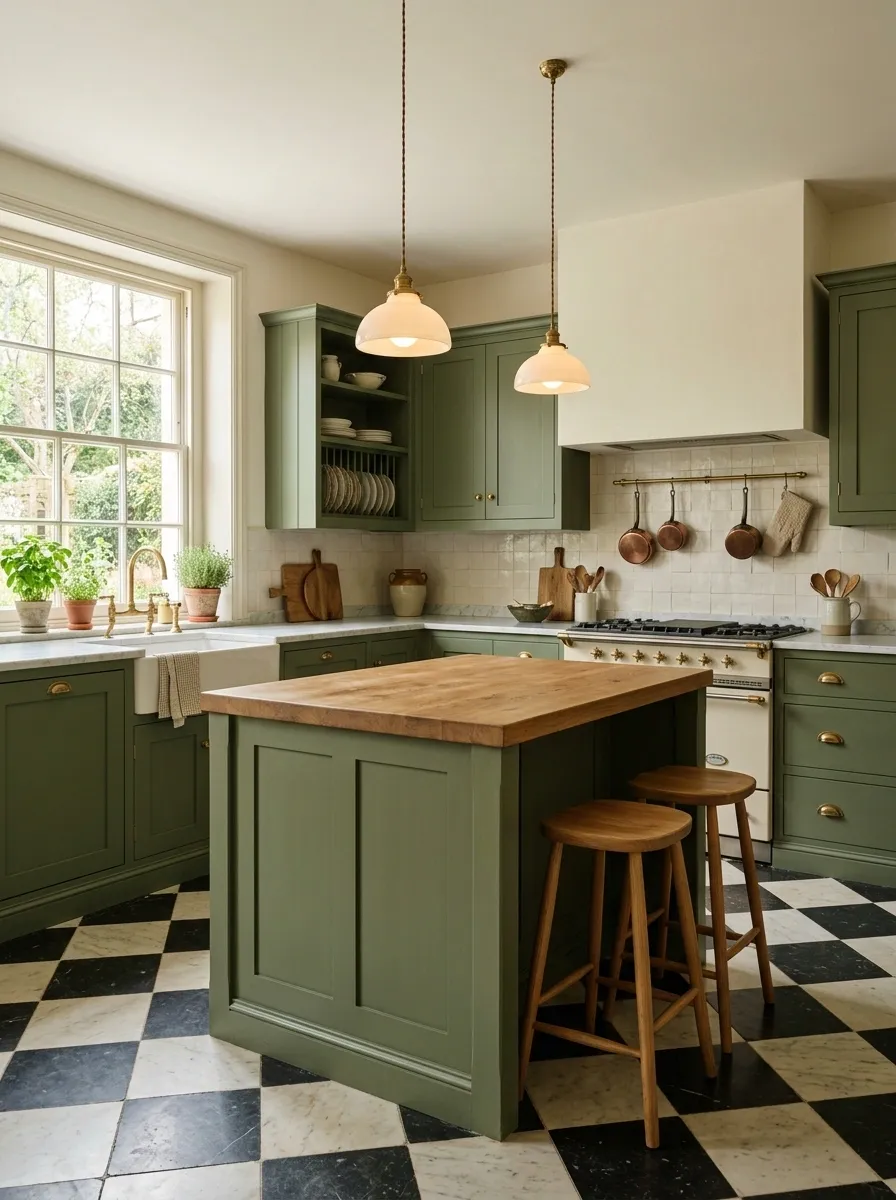 Vintage Moss Green Kitchen With Checkerboard Flooring