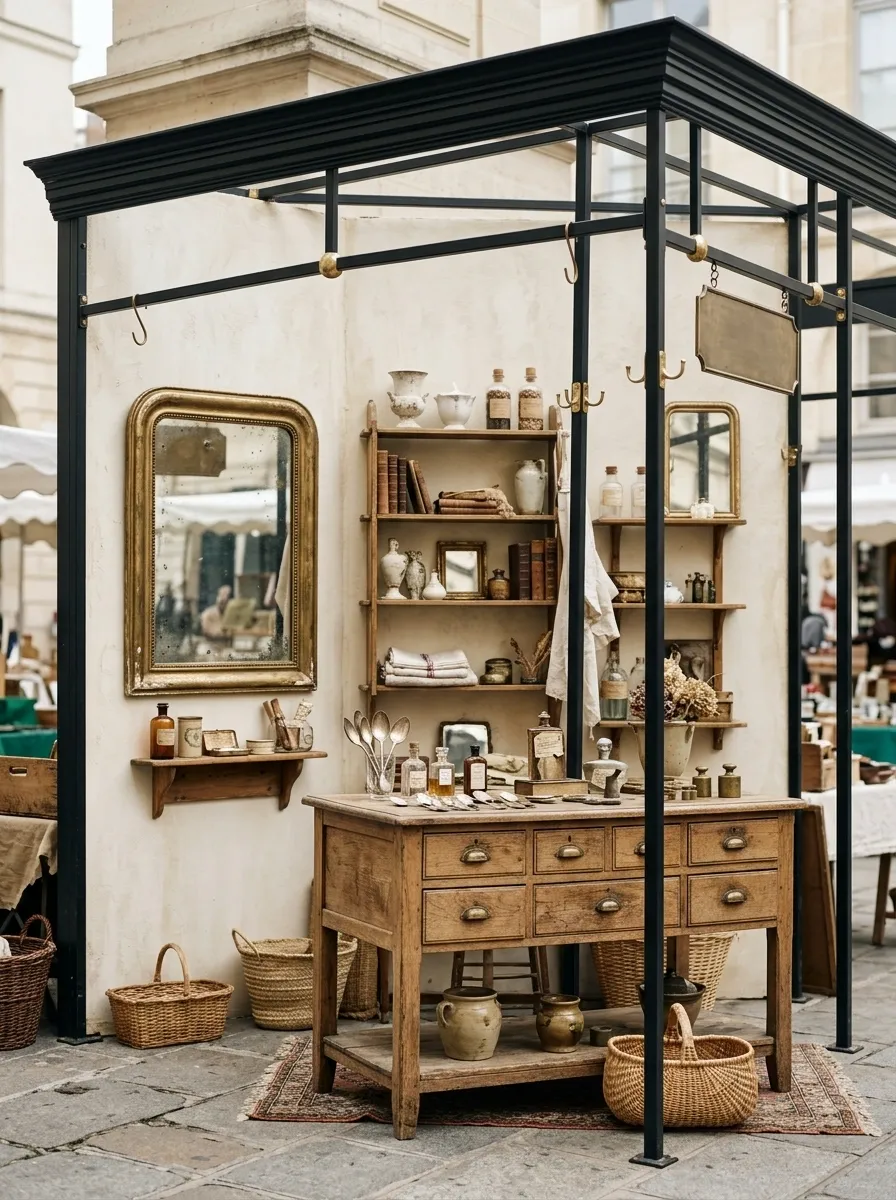 Vintage Parisian Market Booth With Cream, Black, and Brass