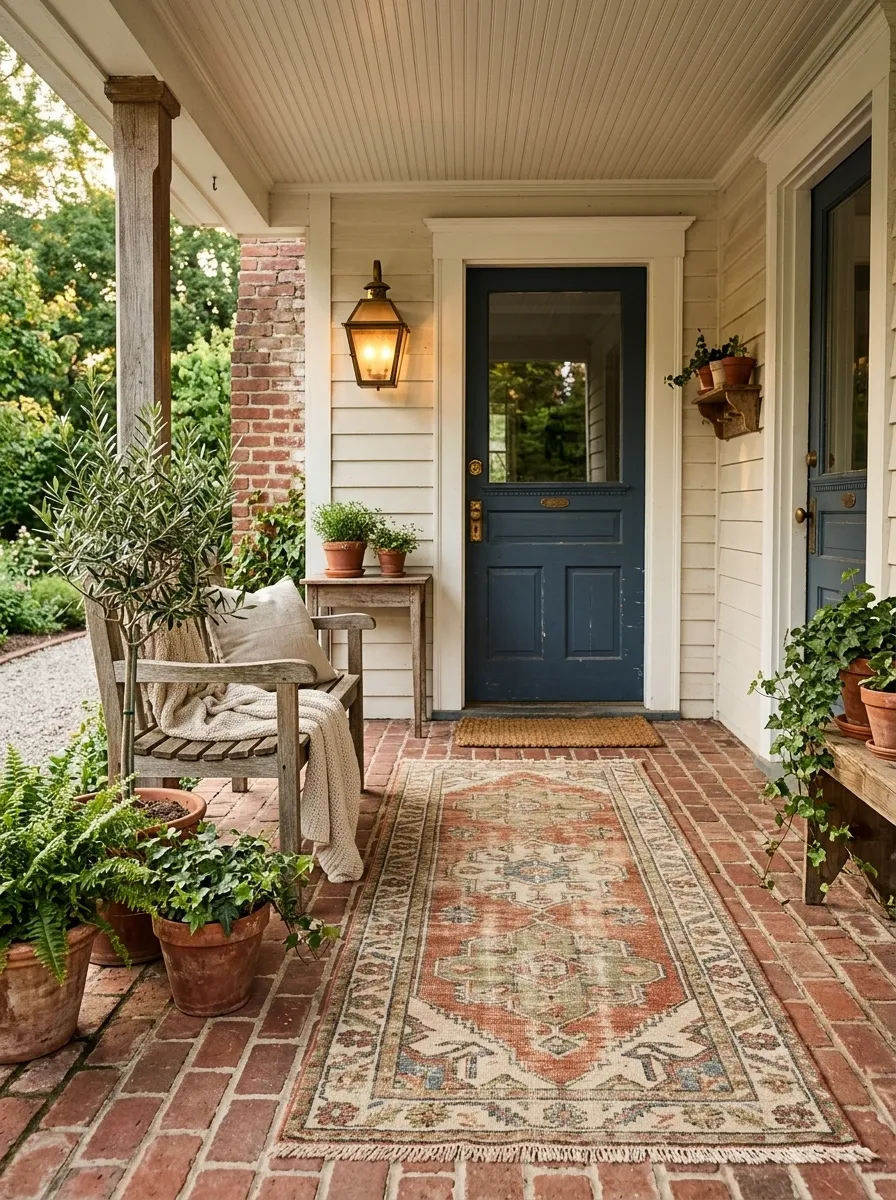 Vintage Patterned Rug With a Warm Brick Porch