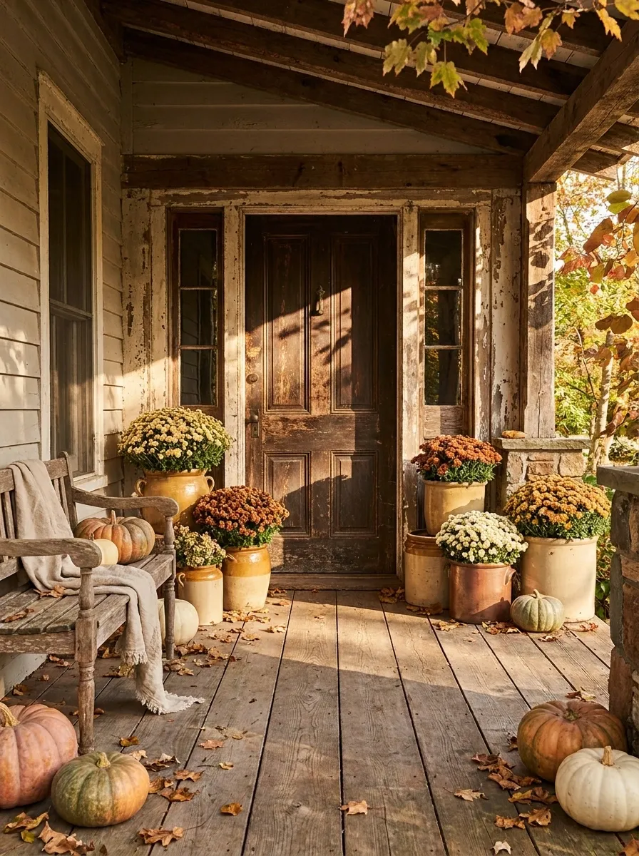 Vintage Porch With Antique Ceramic Mum Pots