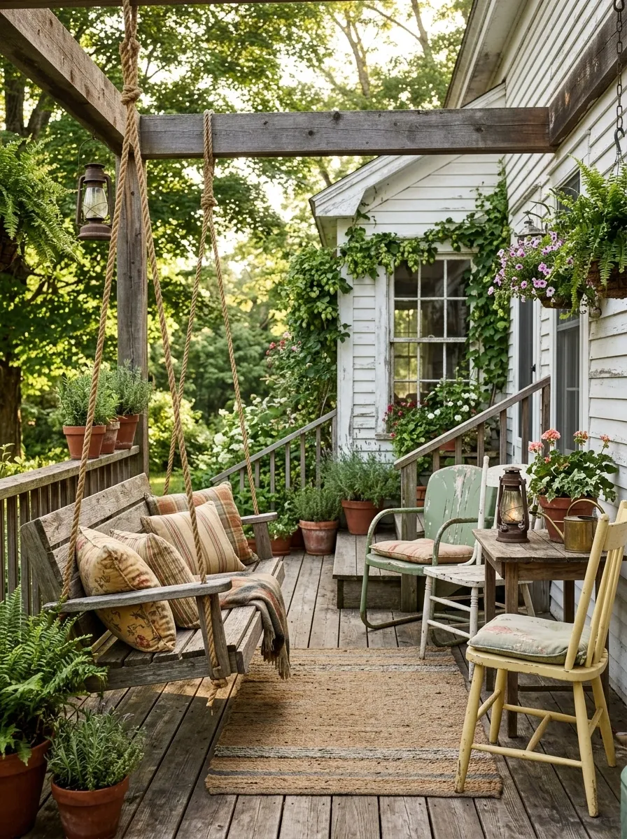 Vintage Porch With Reclaimed Swing and Mismatched Garden Furniture