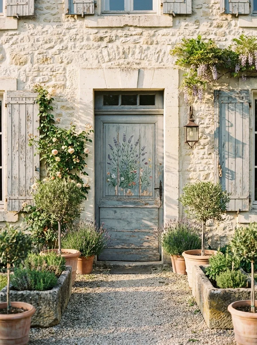 Vintage Provence Door With Lavender and Stone Surround