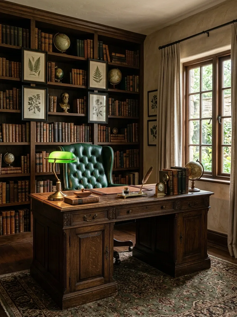 Vintage Scholar Office With a Green Leather Desk Chair