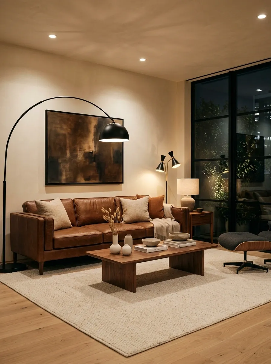 Walnut, Cream, and Brown Living Room With Architectural Lighting