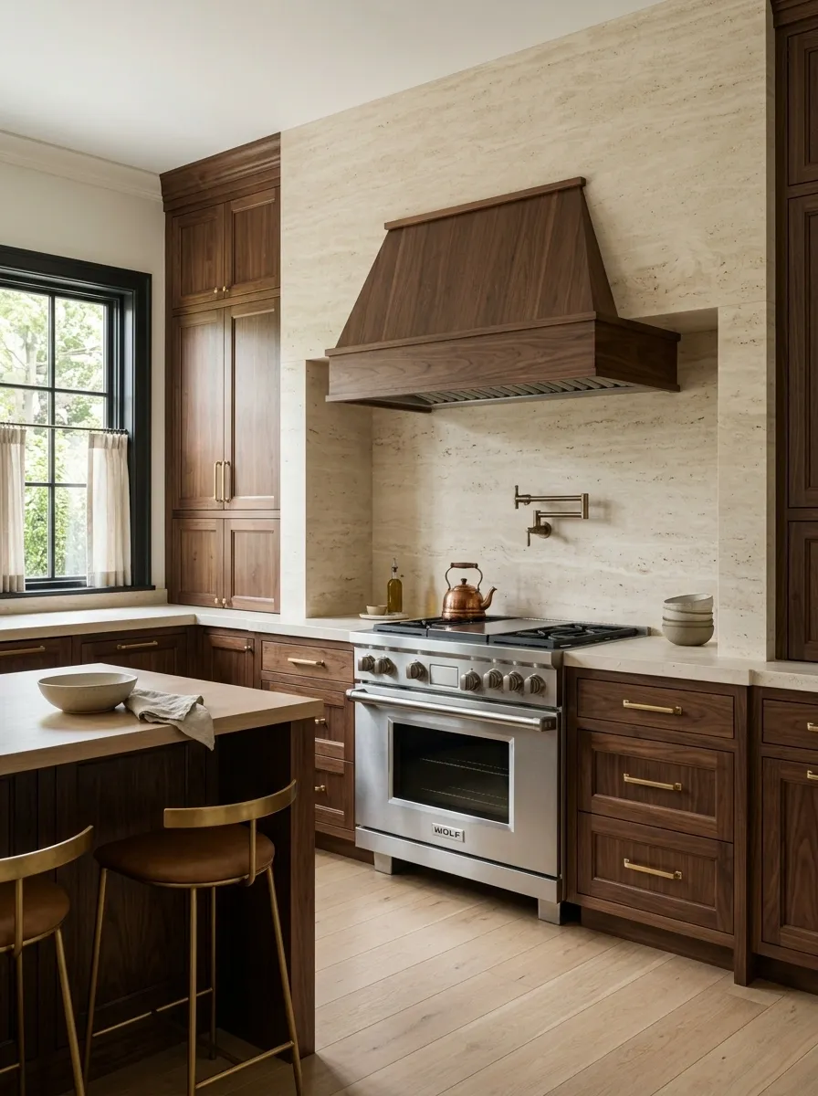 Walnut Kitchen With Creamy Travertine Range Wall