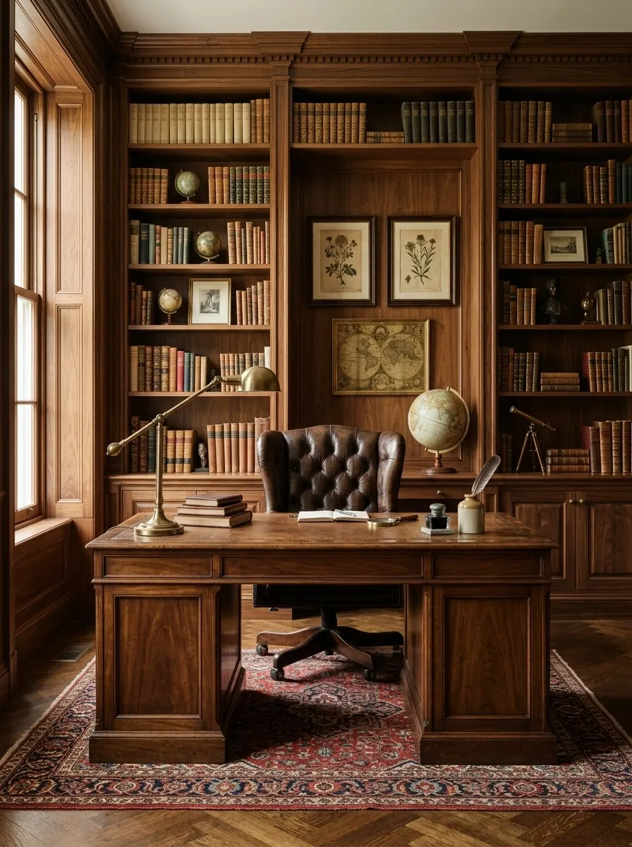 Walnut Library Office With Floor-to-Ceiling Bookshelves