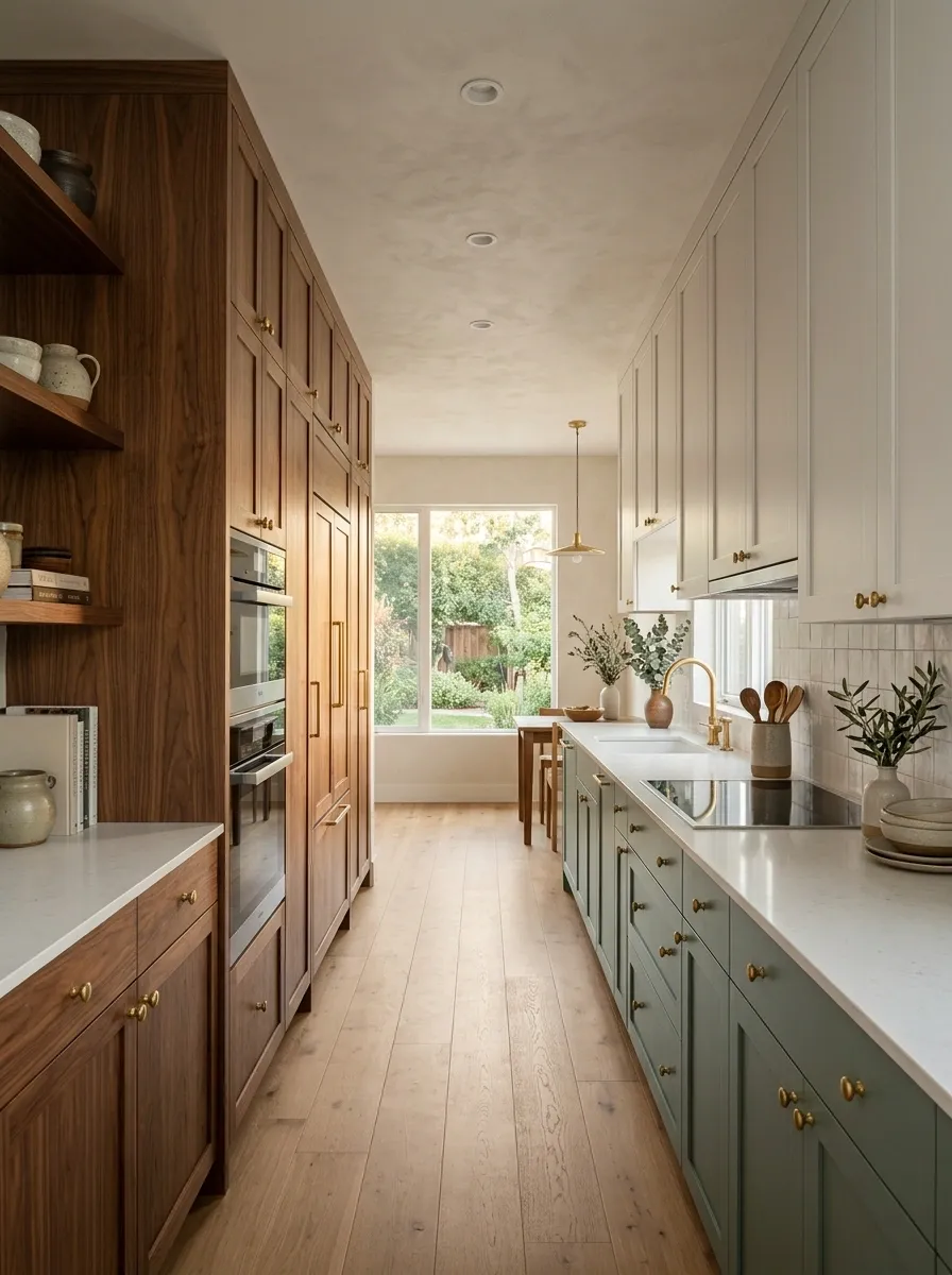 Walnut, Plaster White, and Dusty Green Long Galley Kitchen