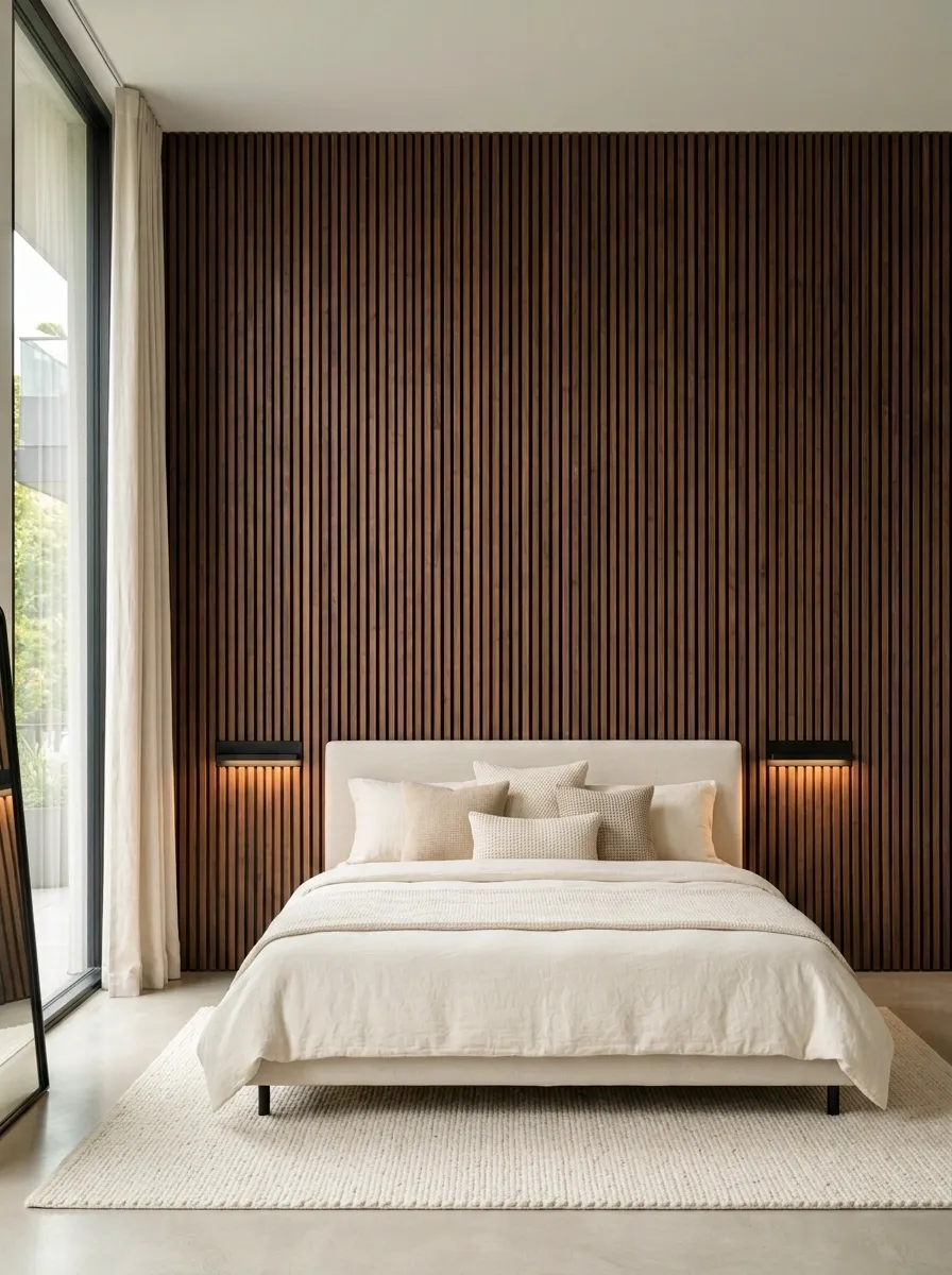 Walnut Slat Wall With Integrated Bedside Lighting