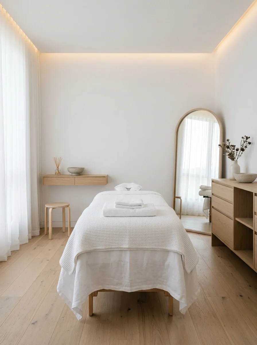 Warm a White Massage Room With Pale Oak