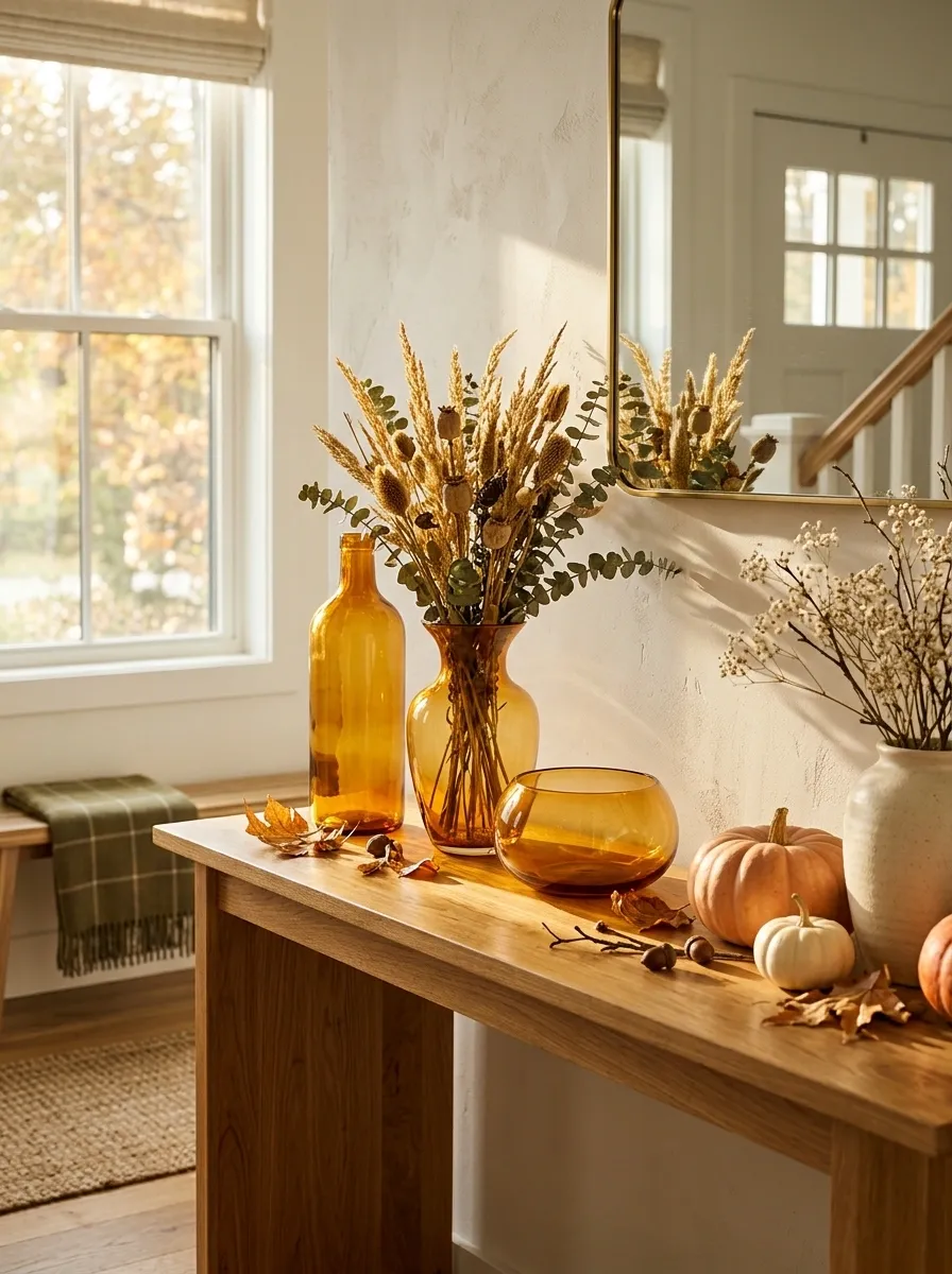 Warm Amber Entry With Sunlit Glass and Honey-Toned Wood