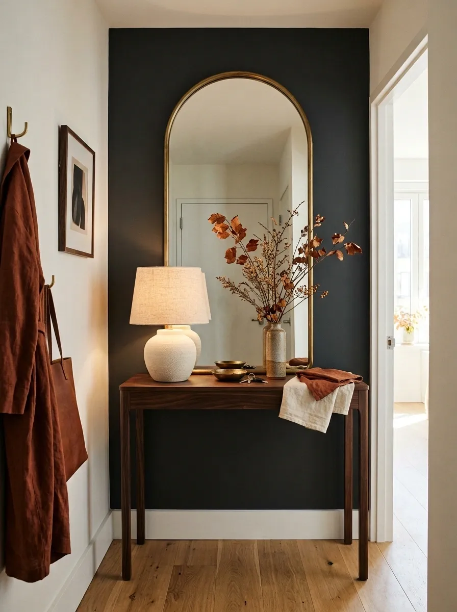 Warm Apartment Entry With Narrow Console and Vertical Mirror