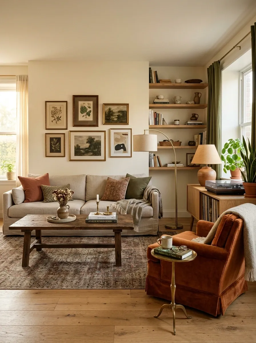 Warm Apartment With a Vintage Reading Corner and Record Cabinet