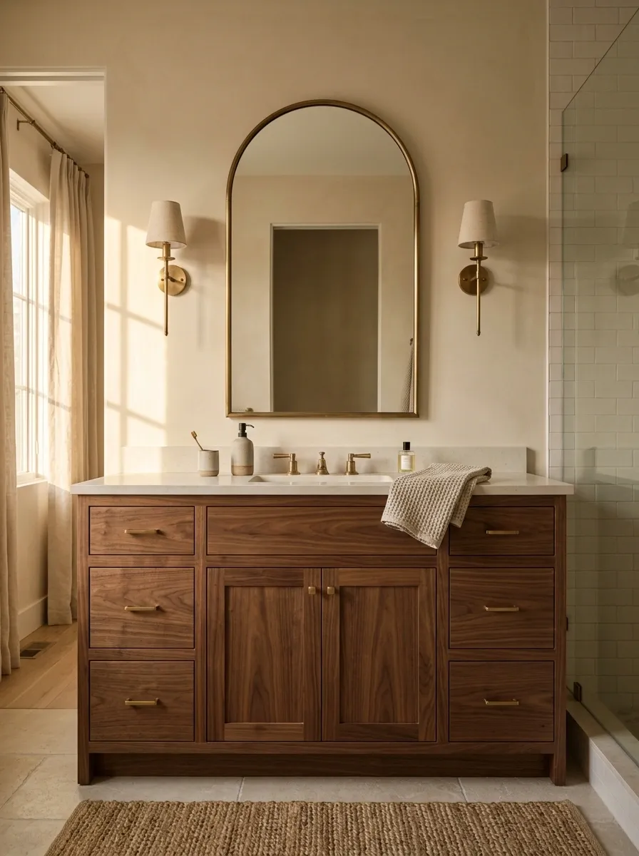 Warm Beige Bathroom With Arched Mirror and Walnut Vanity