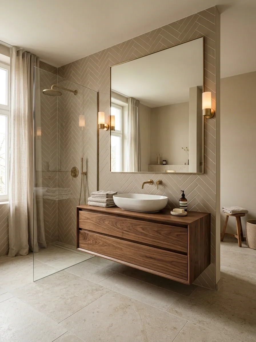 Warm Beige Bathroom With Herringbone Walls and Walnut Vanity