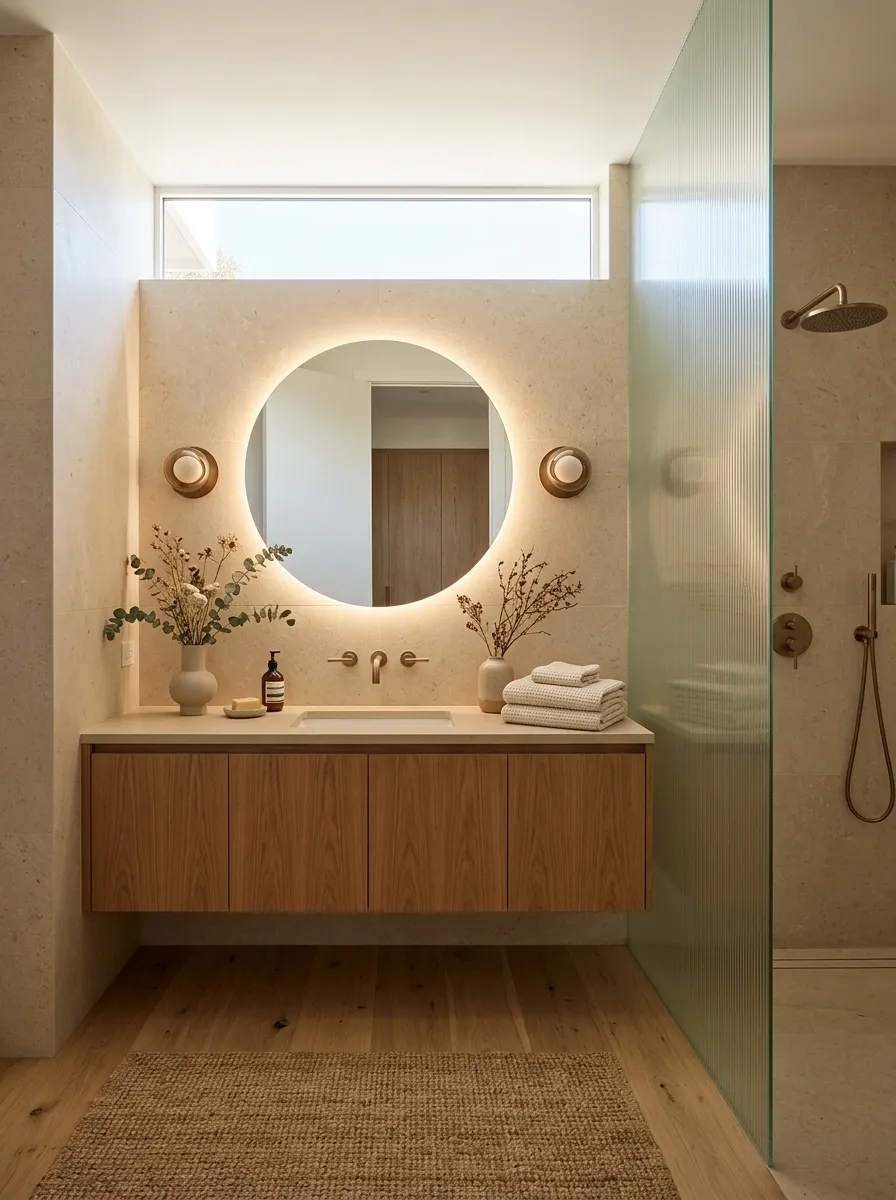 Warm Beige Bathroom With Ribbed Glass, Oak, and Soft Bronze