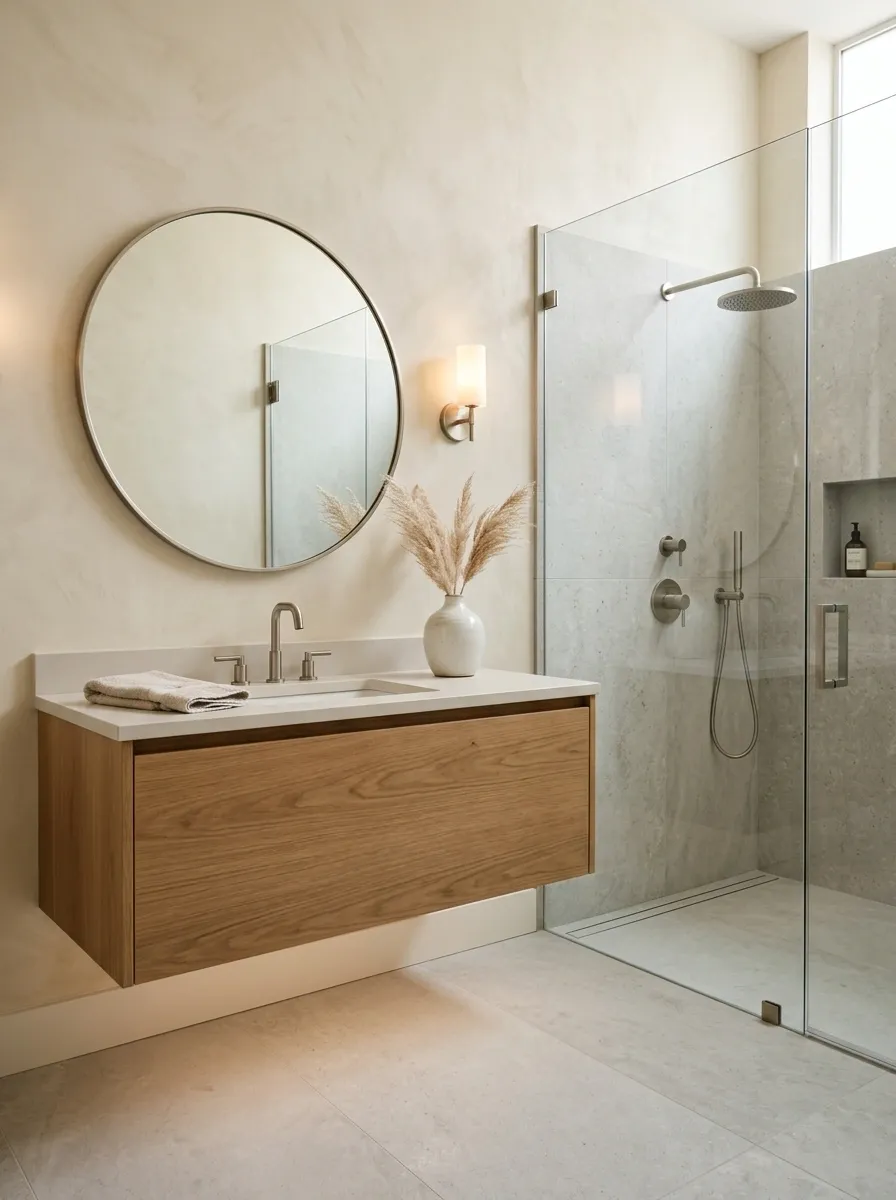 Warm Beige Bathroom With Soft Grey Limestone