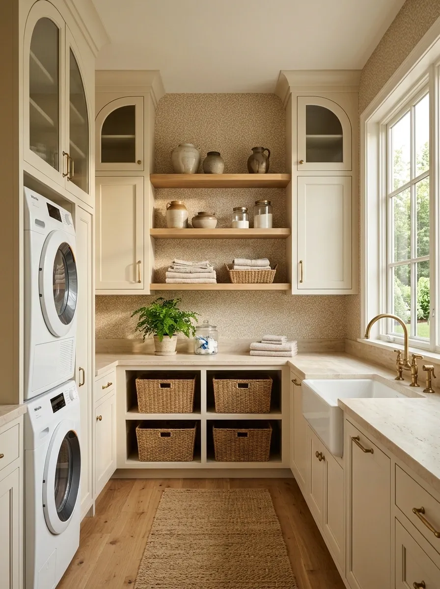 Warm Beige Botanical Wallpaper With Arched Cabinetry