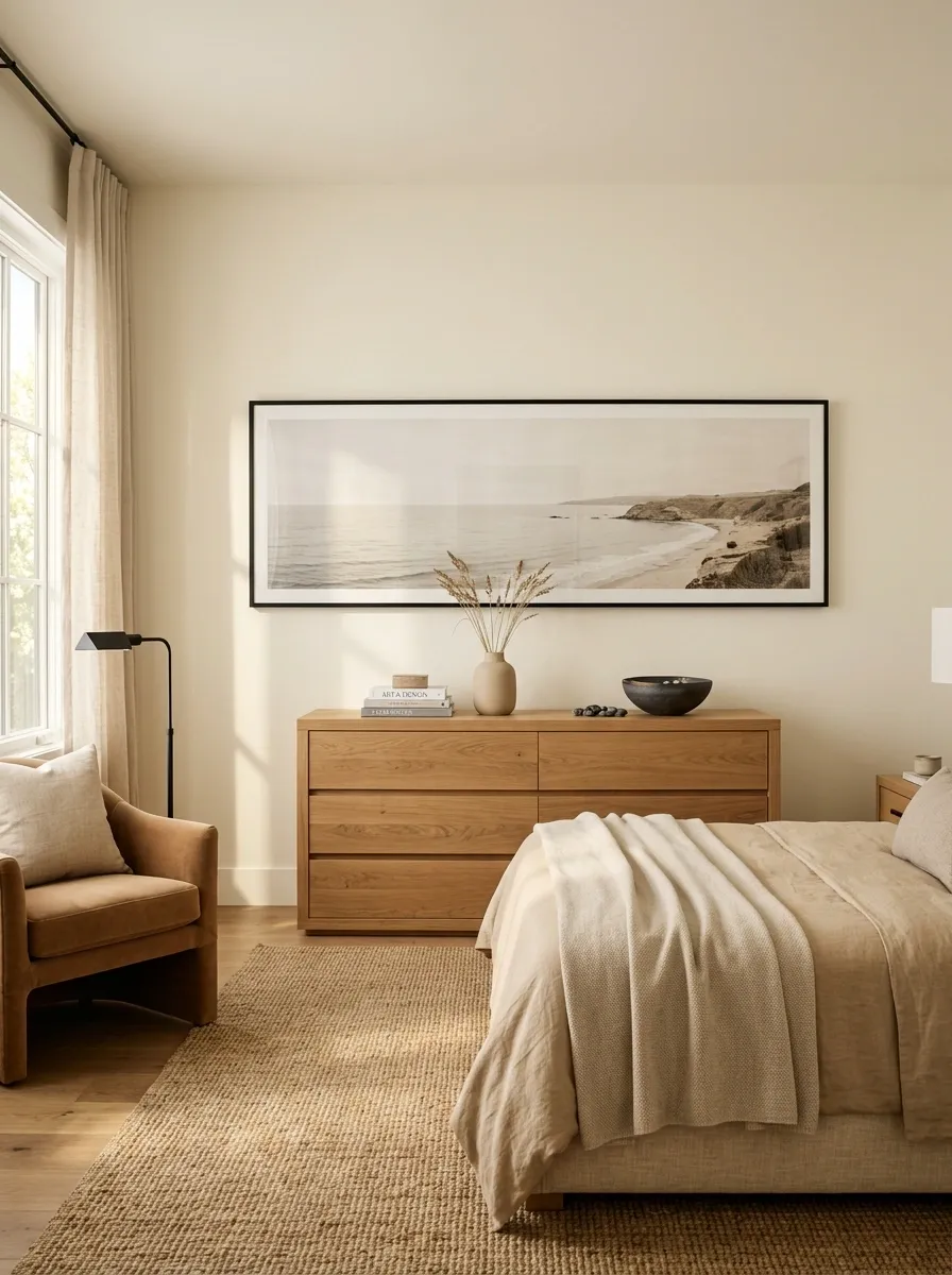 Warm Beige Dresser With Oversized Landscape Artwork