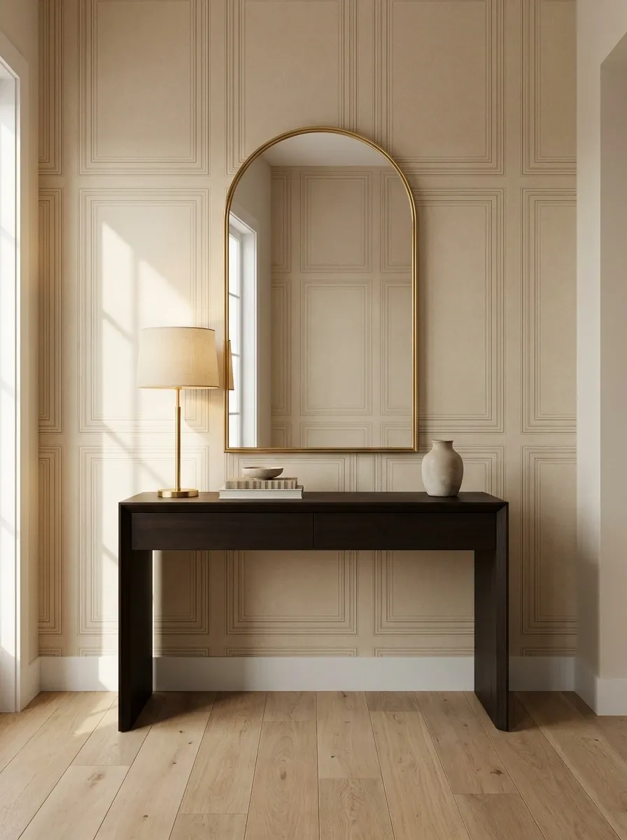 Warm Beige Entryway With Architectural Patterned Wallpaper