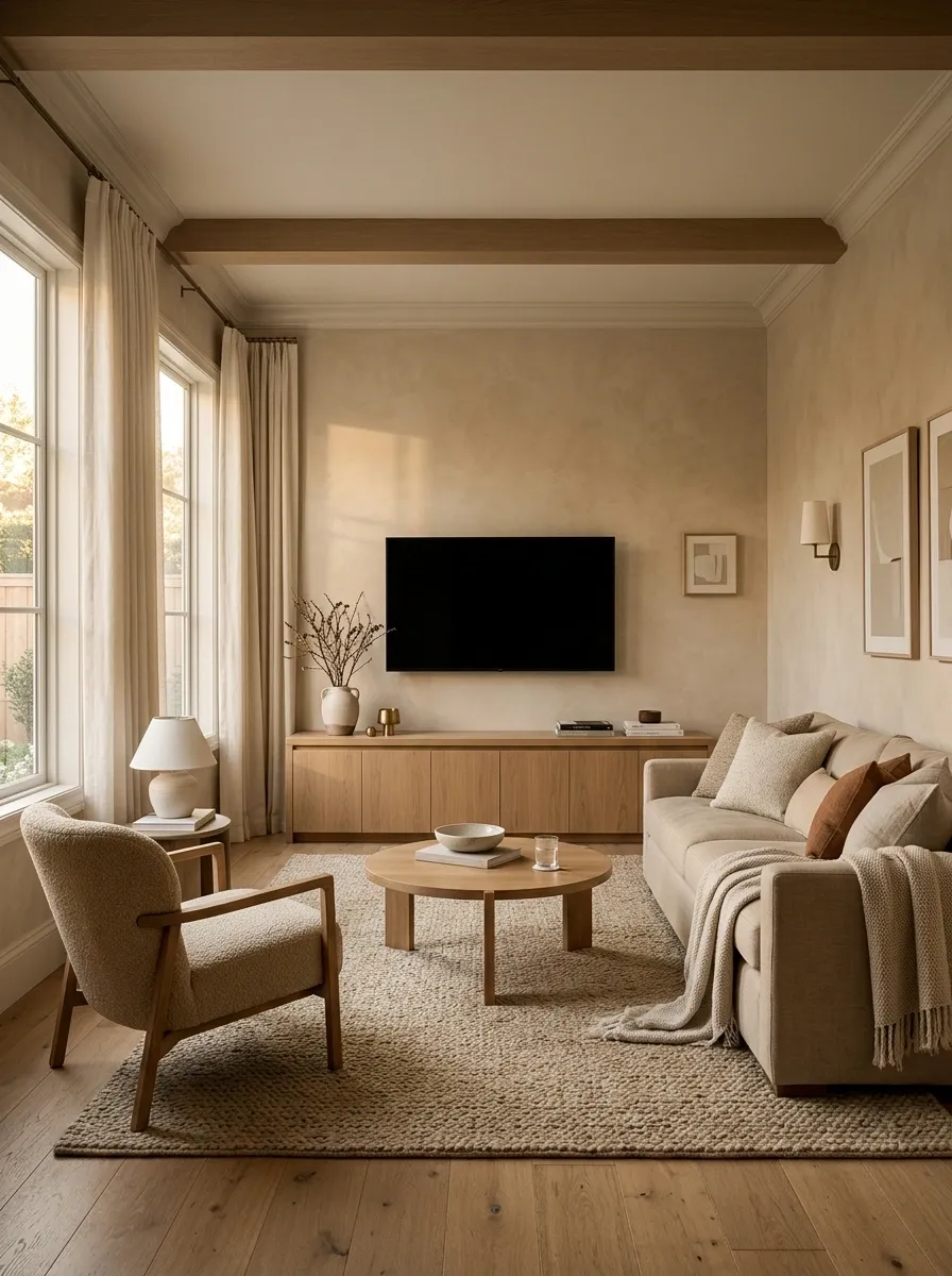 Warm Beige Living Room With Hidden Media Equipment