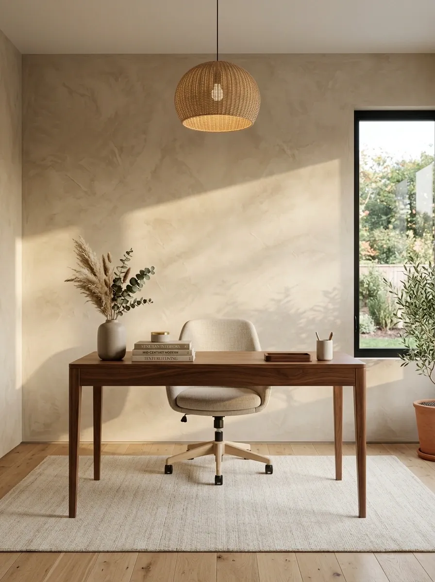 Warm Beige Office With a Textured Accent Wall