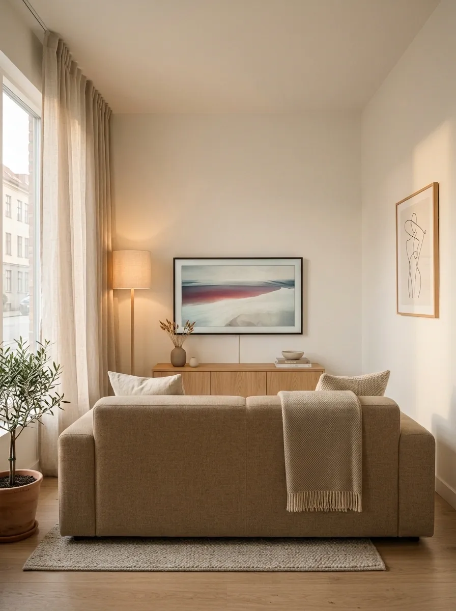 Warm Beige Sofa With Wall-Mounted TV and Oak Storage